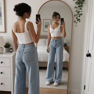 A woman standing in front of a full-length mirror, her refle