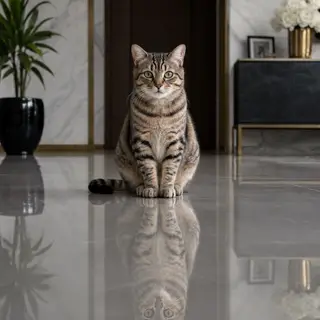 A cat sitting on a polished marble floor with its reflection