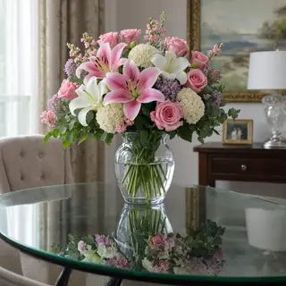 A vase of flowers on a glass table with a clear reflection v