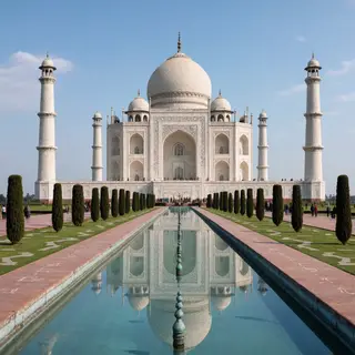 The Taj Mahal in Agra seen from the reflecting pool, with ac