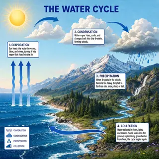A detailed diagram of the water cycle showing evaporation fr