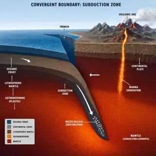 A cross-section showing tectonic plates at a convergent boun