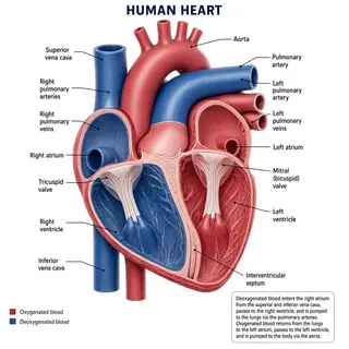 An anatomical illustration of the human heart showing four c