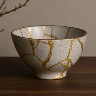 A Japanese kintsugi bowl — cracked ceramic repaired with vis