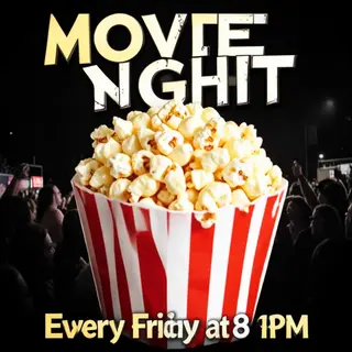 A movie night poster with a large popcorn image in the cente