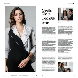 A fashion magazine spread with a full-bleed left-page photo,