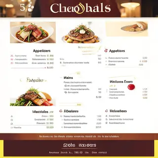 A restaurant menu layout with a logo header, three category 