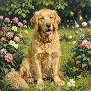 A golden retriever sitting in a garden, painted in the style