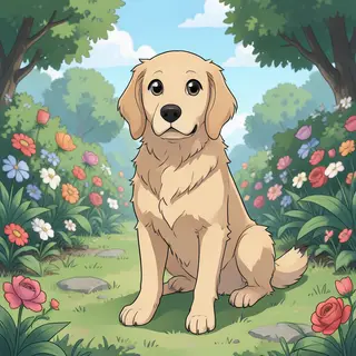 A golden retriever sitting in a garden, rendered in Japanese
