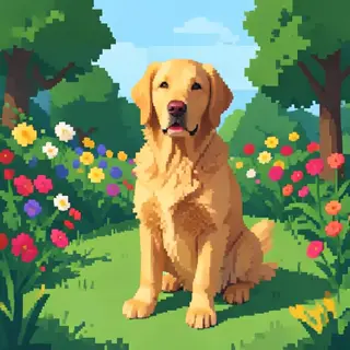 A golden retriever sitting in a garden, rendered in pixel ar