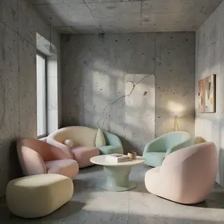 An interior scene rendered in soft brutalism — raw concrete 