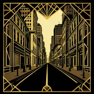 A city street scene in the style of Art Deco — geometric sha
