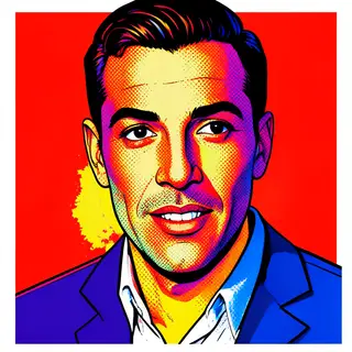 A portrait of a man in Pop Art style — bold outlines, Ben-Da
