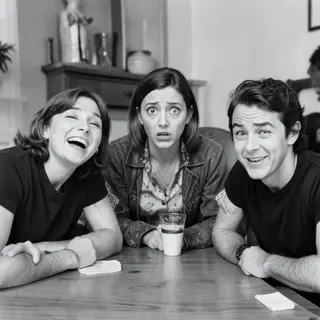 A group of three friends at a table: one laughing with head 
