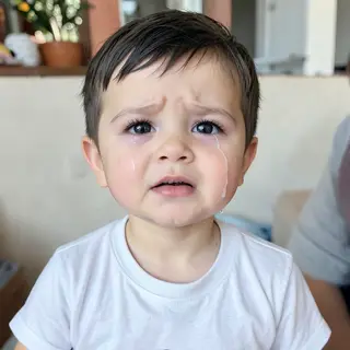 A 5-year-old child with round cheeks and large eyes, crying 