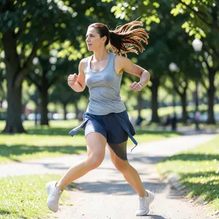 A woman mid-stride running through a park, hair and clothes 