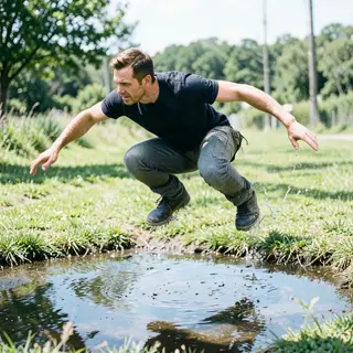 A man captured mid-jump over a puddle, body in the air with 