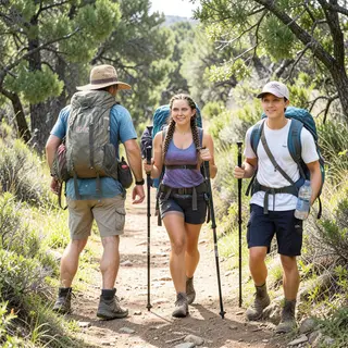 Three hikers on a trail: a man with a backpack and sunhat, a