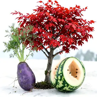 A purple carrot, a red tree with red leaves, and a white wat