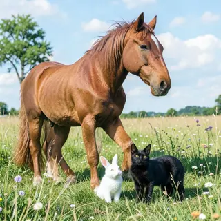 A big brown horse, a small white rabbit, and a medium-sized 