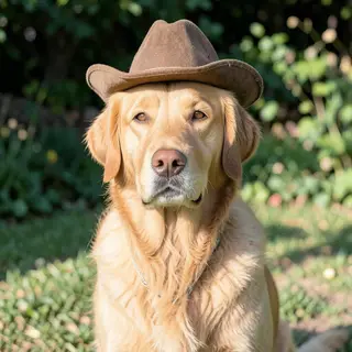 A golden retriever wearing a tiny cowboy hat