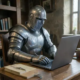 A medieval knight in full armor sitting at a desk typing on 