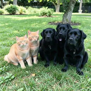 2 orange cats and 3 black dogs sitting together on a grassy 