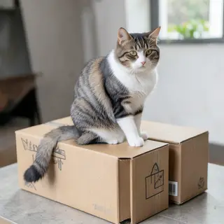 A cat sitting on top of a cardboard box