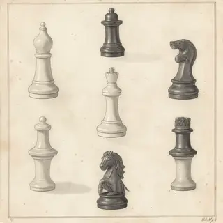 Five chess pieces on a board: a king in the center, a queen 