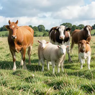 Five animals in a field: a horse on the far left, a cow to t