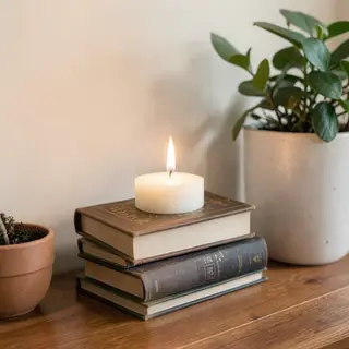 A candle on top of a stack of books, the books next to a pot