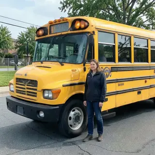 A person standing next to a yellow school bus, showing reali