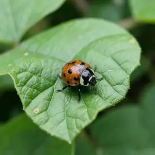 A ladybug sitting on a large green leaf, shown at realistic 