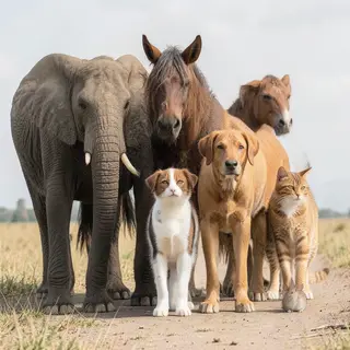A group photo of an elephant, a horse, a dog, a cat, and a m