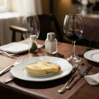 A dinner table scene with a plate, fork, knife, wine glass, 