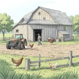 A farm scene with a barn, tractor, farmer, cow, chicken, and