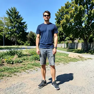 A person standing outdoors at midday with a short shadow dir