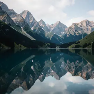A mountain range reflected in a still alpine lake, with the 