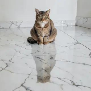 A cat sitting on a polished marble floor with its reflection