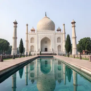 The Taj Mahal in Agra seen from the reflecting pool, with ac