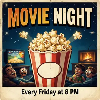 A movie night poster with a large popcorn image in the cente