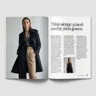 A fashion magazine spread with a full-bleed left-page photo,