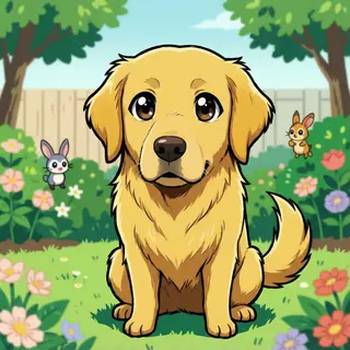 A golden retriever sitting in a garden, rendered in Japanese