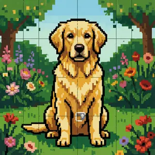A golden retriever sitting in a garden, rendered in pixel ar