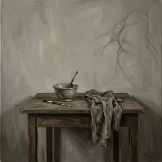 A still life painted in anxious minimalism — sparse composit