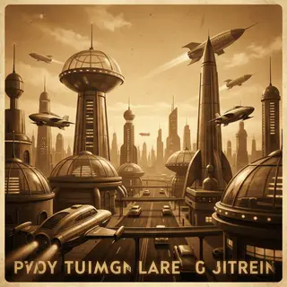A cityscape rendered in nostalgic futurism — retro-futuristi
