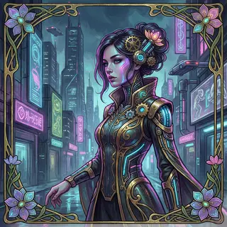 A woman in a futuristic city rendered in cyberpunk Art Nouve