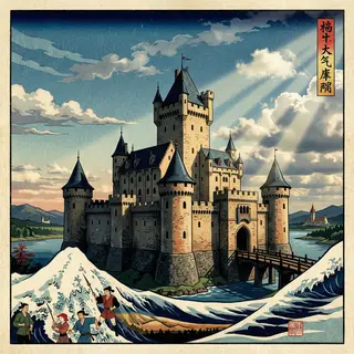 A medieval castle depicted in Japanese ukiyo-e woodblock pri