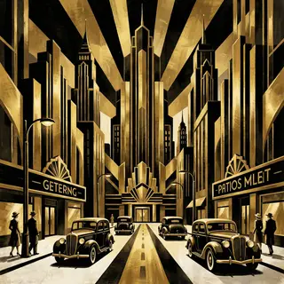 A city street scene in the style of Art Deco — geometric sha