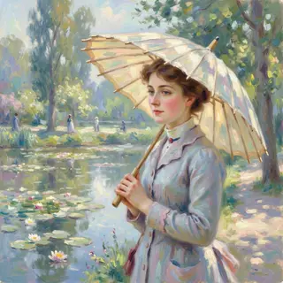 A woman with a parasol in the style of Impressionism — soft 